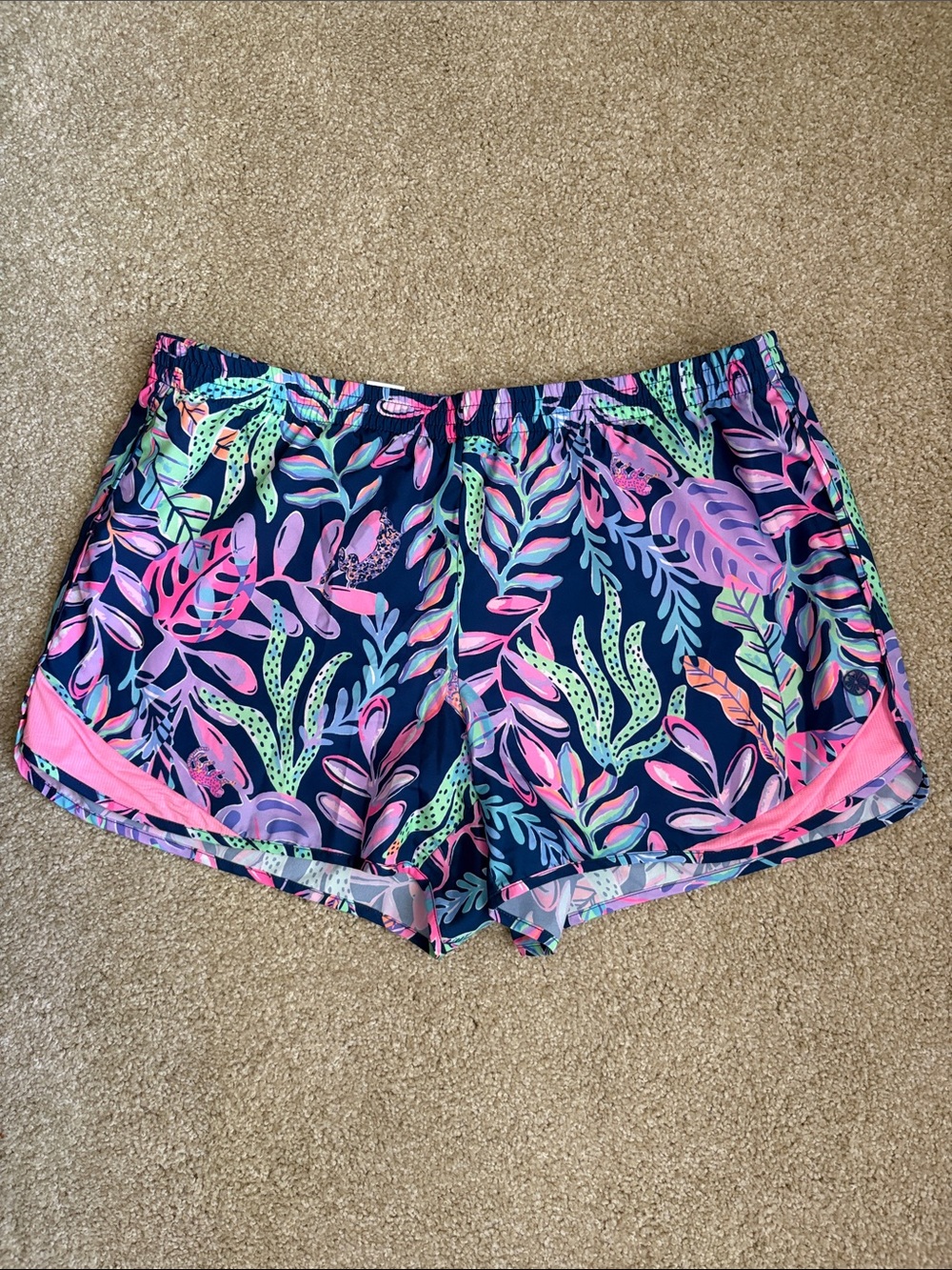 Lilly Pulitzer Navy Tropical Leaf Athletic Shorts - Pink & Green